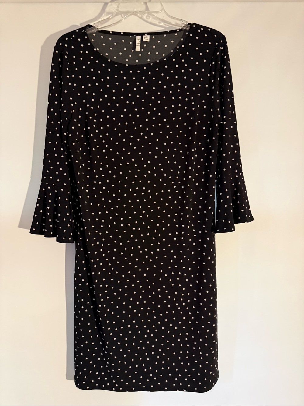 Elle Black and White Polka Dot Bell Sleeve Scoop Neck Midi Dress, size S